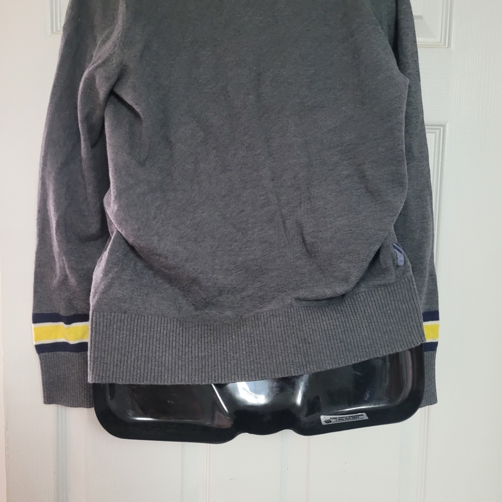 Gray Cardigan with Navy Trim and Yellow Stripes - Picture 6 of 12